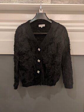 Kubera-S like new black thick fuzzy sweater cardigan with rhinestone buttons, S